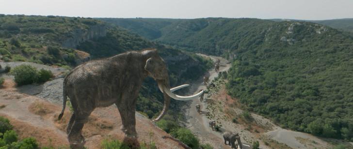 Illustration d'un mammouth méridional surplombant une vallée verdoyante